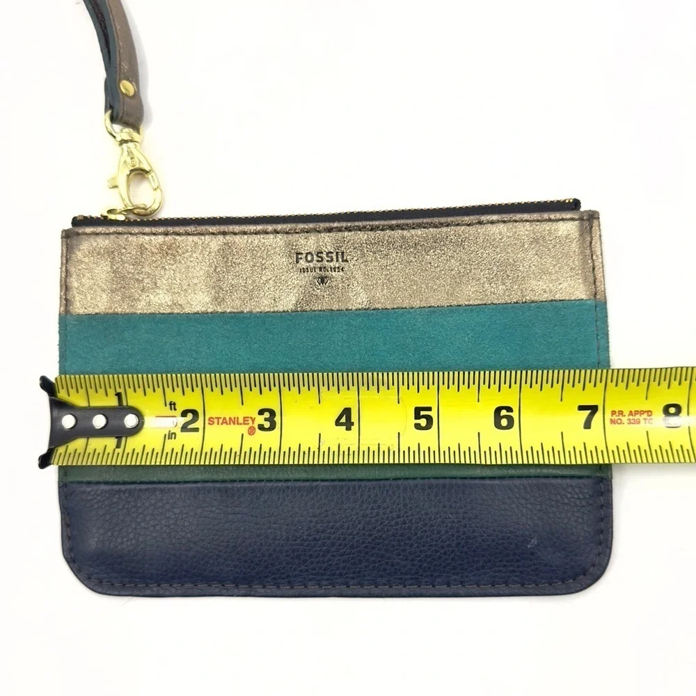 Fossil Leather Striped Wristlet Pouchette Wallet Bag Metallic Zip Pouch Clutch